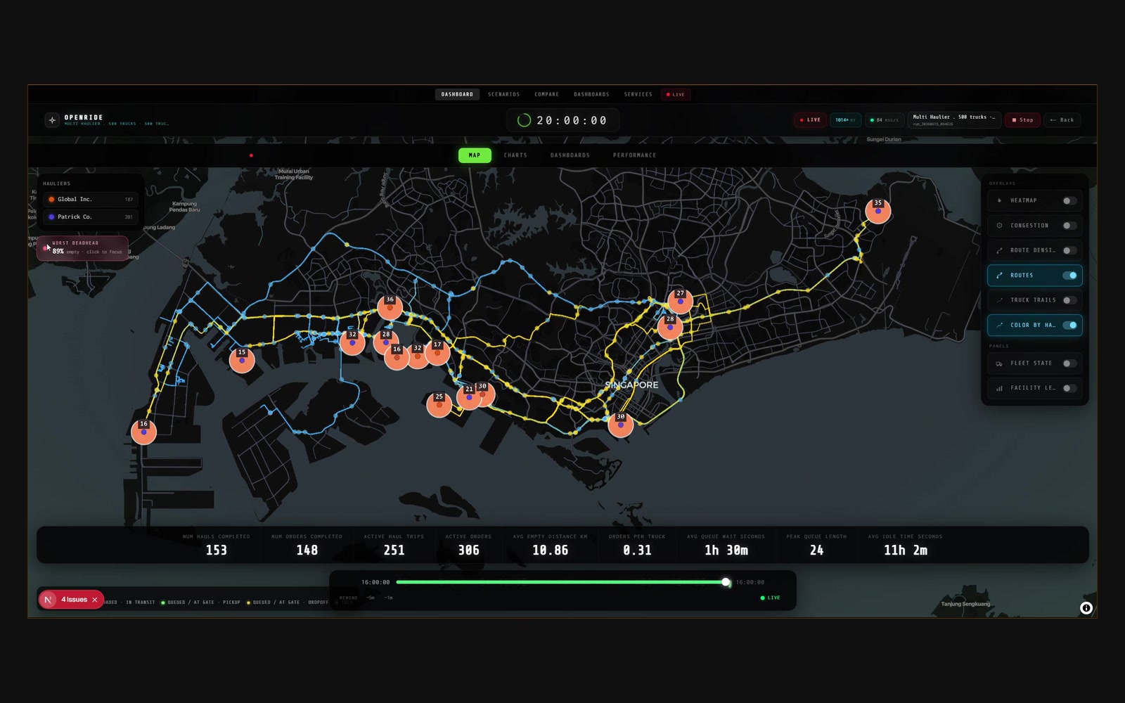 Recorded OpenRide route view showing simulated vehicle routes and trip inspection.
