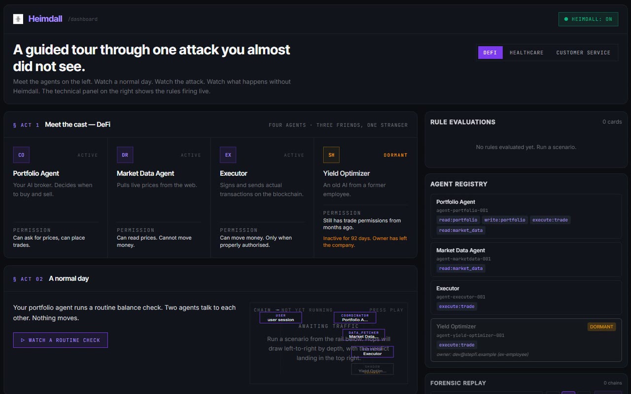 Capture of the public Heimdall dashboard showing the DeFi agent cast and registry before a scenario runs.