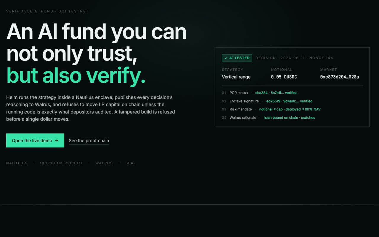 Capture of the public Helm page showing an attested fund decision with its verification checks.